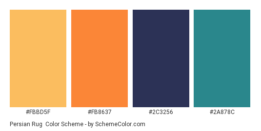 Persian Rug - Color scheme palette thumbnail - #FBBD5F #FB8637 #2C3256 #2A878C 