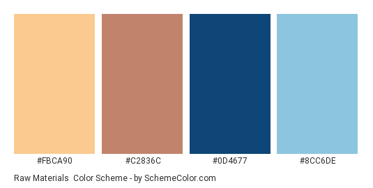 Raw Materials - Color scheme palette thumbnail - #FBCA90 #C2836C #0D4677 #8CC6DE 