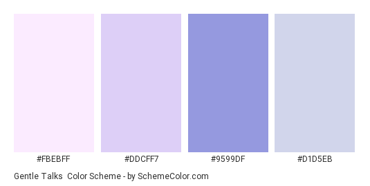 Gentle Talks - Color scheme palette thumbnail - #FBEBFF #DDCFF7 #9599DF #D1D5EB 