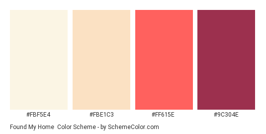 Found My Home - Color scheme palette thumbnail - #FBF5E4 #FBE1C3 #FF615E #9C304E 