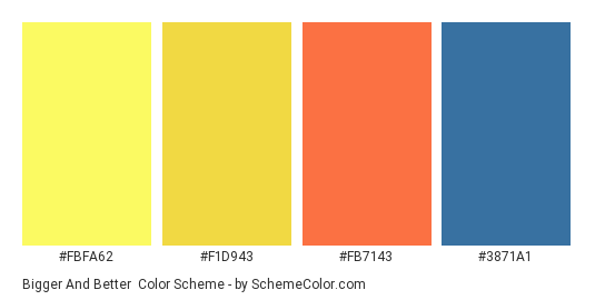 Bigger and Better - Color scheme palette thumbnail - #FBFA62 #F1D943 #FB7143 #3871A1 