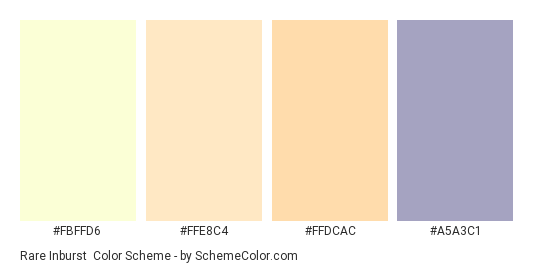 Rare Inburst - Color scheme palette thumbnail - #FBFFD6 #FFE8C4 #FFDCAC #A5A3C1 