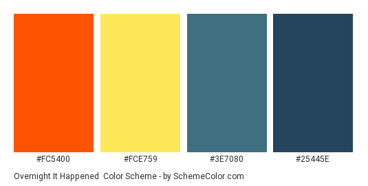 Overnight it Happened - Color scheme palette thumbnail - #FC5400 #FCE759 #3E7080 #25445E 