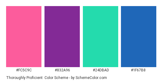 Thoroughly Proficient - Color scheme palette thumbnail - #FC5C9C #832A96 #24DBAD #1F67B8 