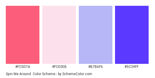 Spin me Around - Color scheme palette thumbnail - #FC5D7A #FCE0EB #B7B6F6 #5C39FF 