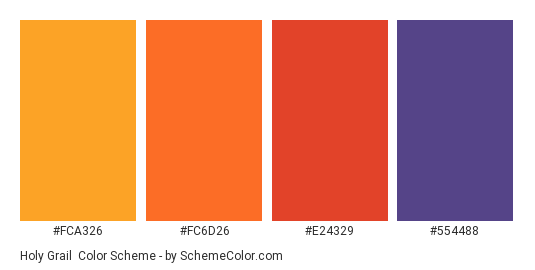 Holy Grail - Color scheme palette thumbnail - #FCA326 #FC6D26 #E24329 #554488 