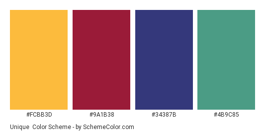 Unique - Color scheme palette thumbnail - #FCBB3D #9A1B38 #34387B #4B9C85 