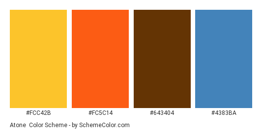 Atone - Color scheme palette thumbnail - #FCC42B #FC5C14 #643404 #4383BA 