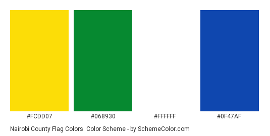 Nairobi County Flag Colors - Color scheme palette thumbnail - #FCDD07 #068930 #FFFFFF #0F47AF 