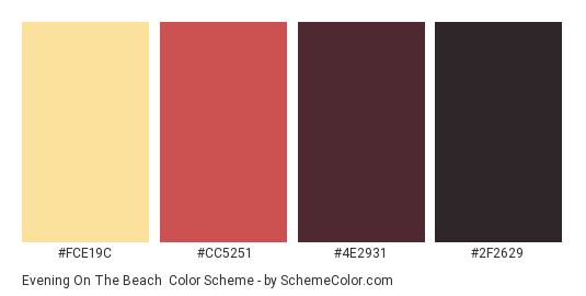 Evening on the Beach - Color scheme palette thumbnail - #FCE19C #CC5251 #4E2931 #2F2629 
