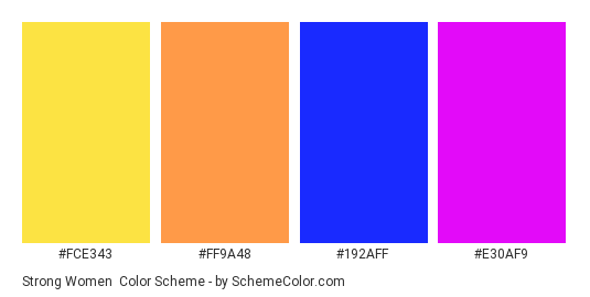 Strong Women - Color scheme palette thumbnail - #FCE343 #FF9A48 #192AFF #E30AF9 