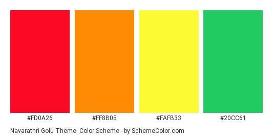 Navarathri Golu Theme - Color scheme palette thumbnail - #FD0A26 #FF8B05 #FAFB33 #20CC61 