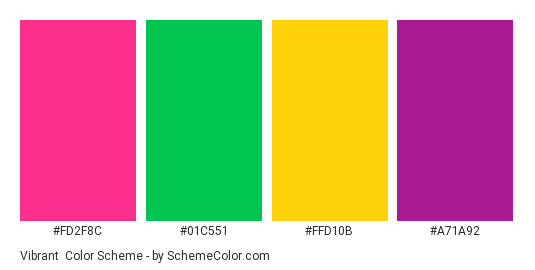 Vibrant - Color scheme palette thumbnail - #FD2F8C #01C551 #FFD10B #A71A92 