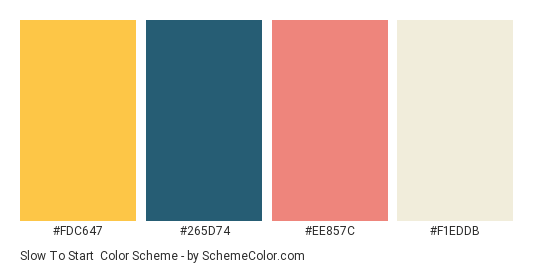 Slow to Start - Color scheme palette thumbnail - #FDC647 #265D74 #EE857C #F1EDDB 