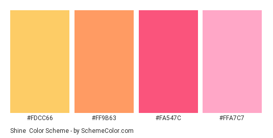 Shine - Color scheme palette thumbnail - #FDCC66 #FF9B63 #FA547C #FFA7C7 