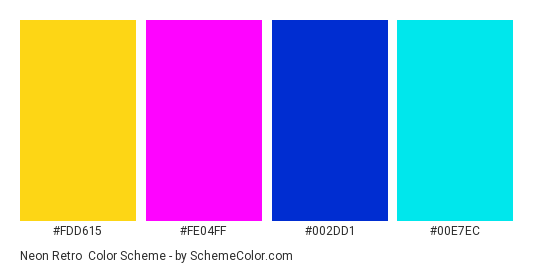 Neon Retro - Color scheme palette thumbnail - #FDD615 #FE04FF #002DD1 #00E7EC 