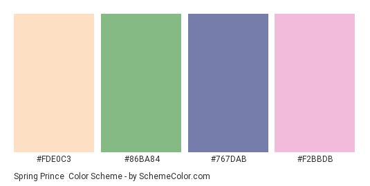 Spring Prince - Color scheme palette thumbnail - #FDE0C3 #86BA84 #767DAB #F2BBDB 