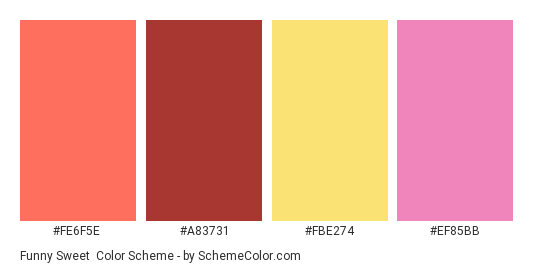 Funny Sweet - Color scheme palette thumbnail - #FE6F5E #A83731 #FBE274 #EF85BB 