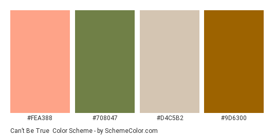 Can’t Be True - Color scheme palette thumbnail - #FEA388 #708047 #D4C5B2 #9D6300 