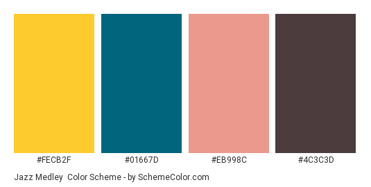 Jazz Medley - Color scheme palette thumbnail - #FECB2F #01667D #EB998C #4C3C3D 