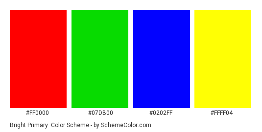 Bright Primary - Color scheme palette thumbnail - #FF0000 #07DB00 #0202FF #FFFF04 