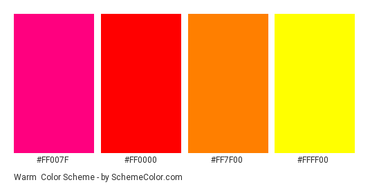 Warm - Color scheme palette thumbnail - #FF007F #FF0000 #FF7F00 #FFFF00 