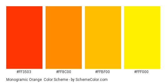 Monogramic Orange - Color scheme palette thumbnail - #FF3503 #FF8C00 #FFBF00 #FFF000 