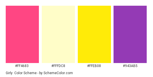 Girly - Color scheme palette thumbnail - #FF4683 #FFFDC8 #FFEB08 #943AB5 