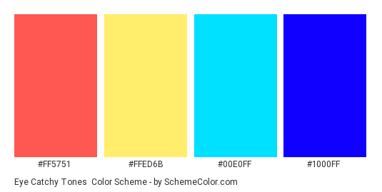 Eye Catchy Tones - Color scheme palette thumbnail - #FF5751 #FFED6B #00E0FF #1000FF 