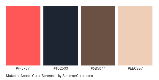 Matador Arena - Color scheme palette thumbnail - #FF5757 #1D2533 #6B5044 #EECEB7 