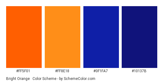 Bright Orange & Dark Blue - Color scheme palette thumbnail - #FF5F01 #FF8E18 #0F1FA7 #10137B 