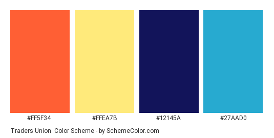 Traders Union - Color scheme palette thumbnail - #FF5F34 #FFEA7B #12145A #27AAD0 