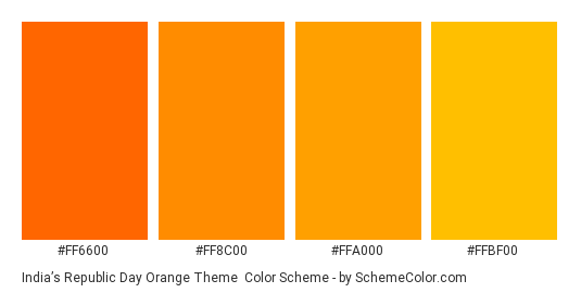 India’s Republic Day Orange Theme - Color scheme palette thumbnail - #FF6600 #FF8C00 #FFA000 #FFBF00 