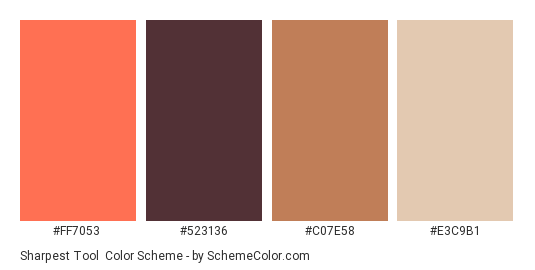Sharpest Tool - Color scheme palette thumbnail - #FF7053 #523136 #C07E58 #E3C9B1 