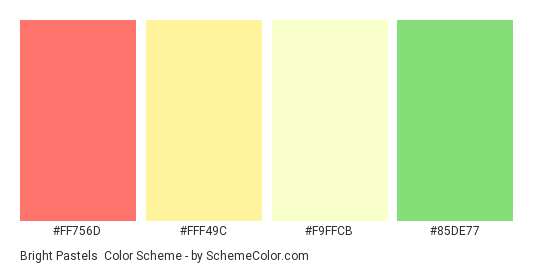 Bright Pastels - Color scheme palette thumbnail - #FF756D #FFF49C #F9FFCB #85DE77 
