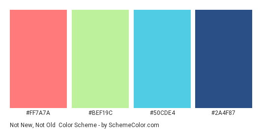 Not New, Not Old - Color scheme palette thumbnail - #FF7A7A #BEF19C #50CDE4 #2A4F87 