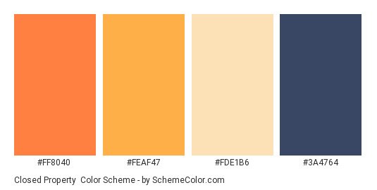 Closed Property - Color scheme palette thumbnail - #FF8040 #FEAF47 #FDE1B6 #3A4764 