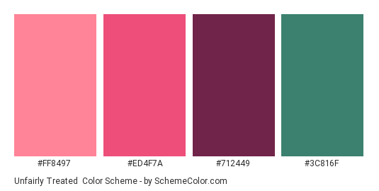 Unfairly Treated - Color scheme palette thumbnail - #FF8497 #ED4F7A #712449 #3C816F 