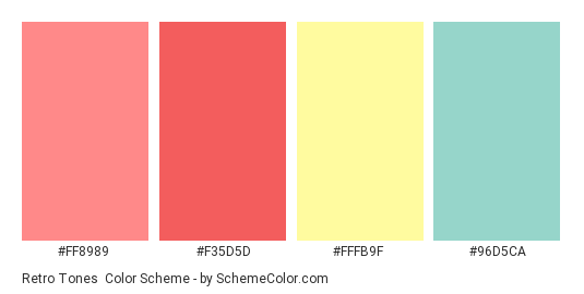 Retro tones - Color scheme palette thumbnail - #FF8989 #F35D5D #FFFB9F #96D5CA 