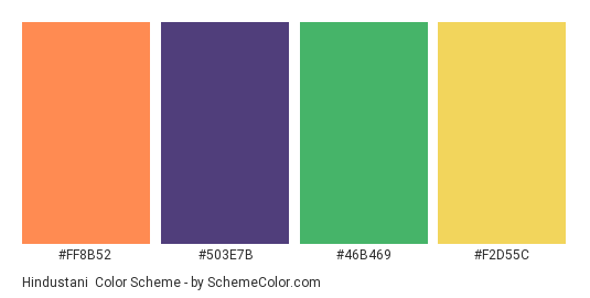 Hindustani - Color scheme palette thumbnail - #FF8B52 #503E7B #46B469 #F2D55C 