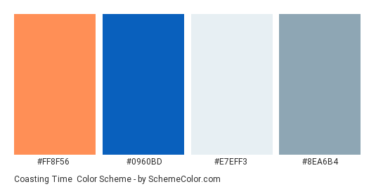 Coasting Time - Color scheme palette thumbnail - #FF8F56 #0960BD #E7EFF3 #8EA6B4 