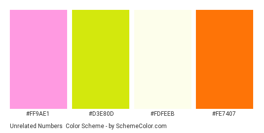 Unrelated Numbers - Color scheme palette thumbnail - #FF9AE1 #D3E80D #FDFEEB #FE7407 