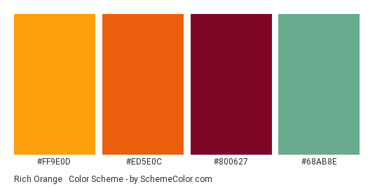 Rich Orange & Burgundy - Color scheme palette thumbnail - #FF9E0D #ED5E0C #800627 #68AB8E 