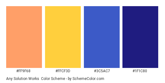 Any Solution Works - Color scheme palette thumbnail - #FF9F68 #FFCF3D #3c5ac7 #1F1C80 