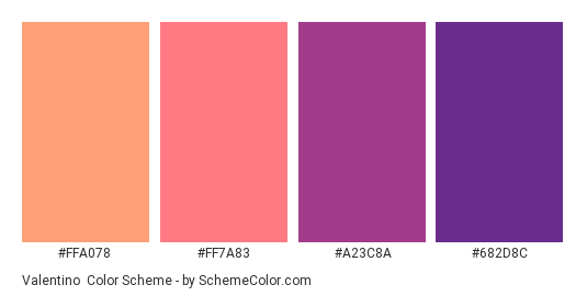 Valentino - Color scheme palette thumbnail - #FFA078 #FF7A83 #A23C8A #682D8C 