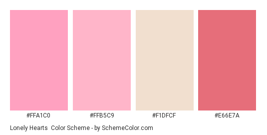 Lonely Hearts - Color scheme palette thumbnail - #FFA1C0 #FFB5C9 #F1DFCF #E66E7A 