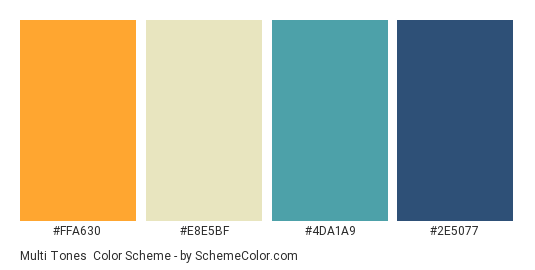 Multi Tones - Color scheme palette thumbnail - #FFA630 #E8E5BF #4DA1A9 #2E5077 