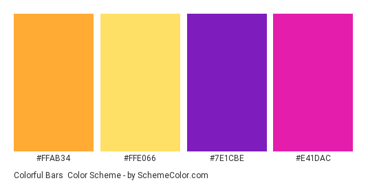 Colorful Bars - Color scheme palette thumbnail - #FFAB34 #FFE066 #7E1CBE #E41DAC 
