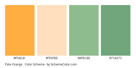 Pale Orange & Green - Color scheme palette thumbnail - #FFAE41 #FFDFBE #8FBC8E #71A57C 