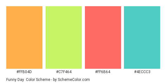 Funny Day - Color scheme palette thumbnail - #FFB04D #C7F464 #FF6B64 #4ECCC3 